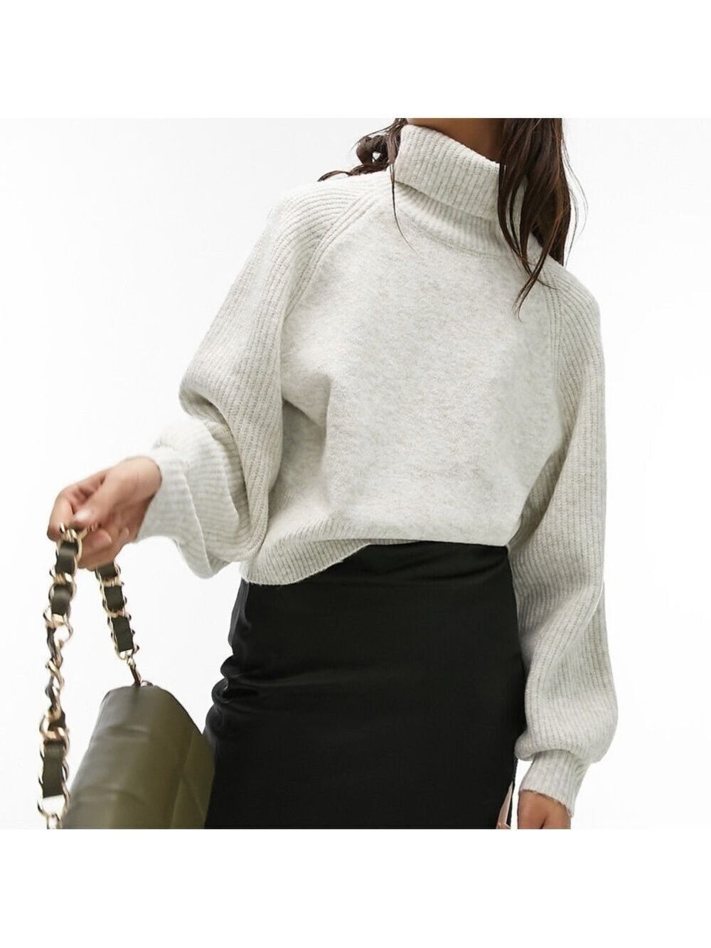 TOPSHOP Wool Blend Knitted Roll Neck Jumper Sweater Grey Marl Size 4-6 VGC